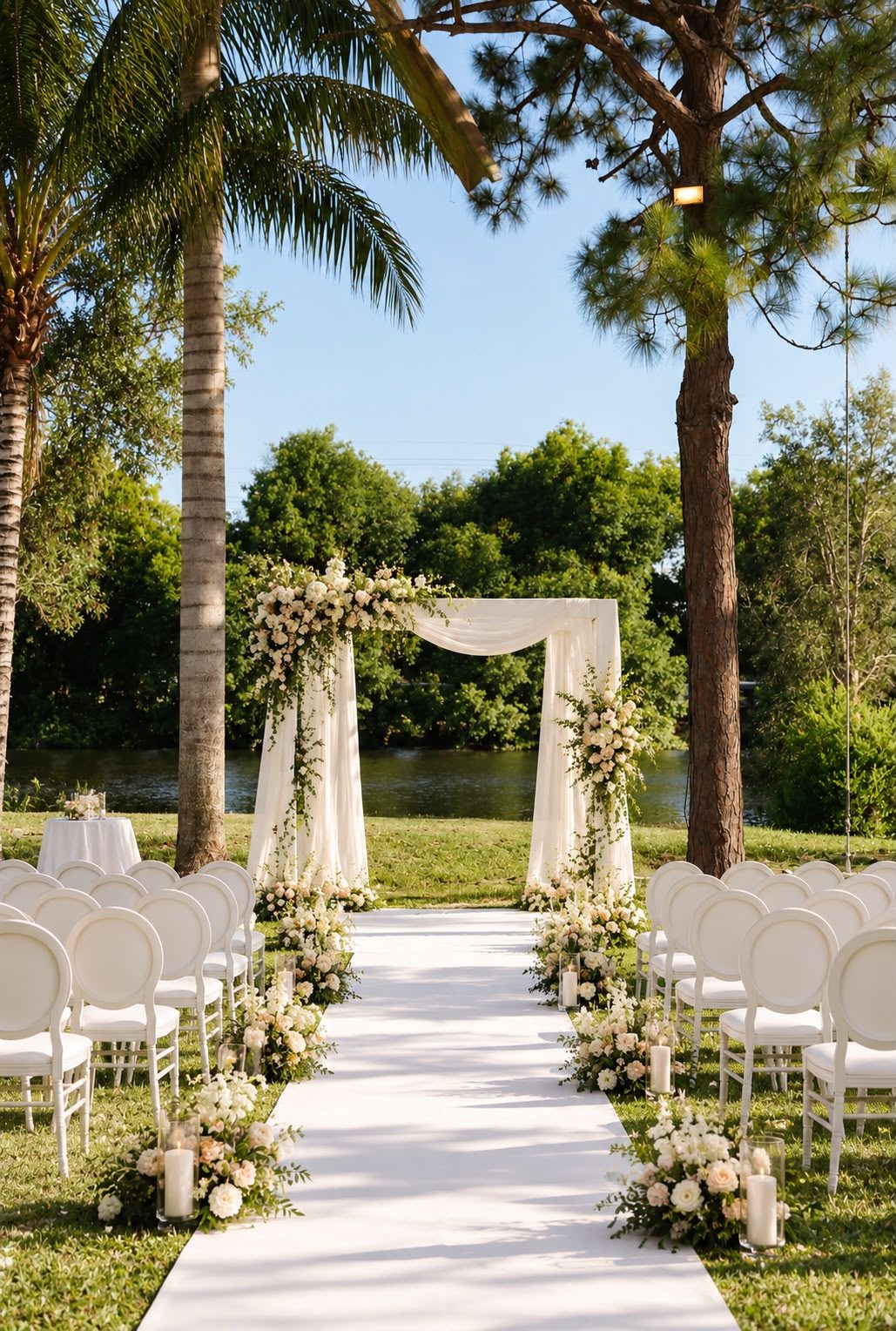 Outdoor wedding ceremony seating and white floral arch