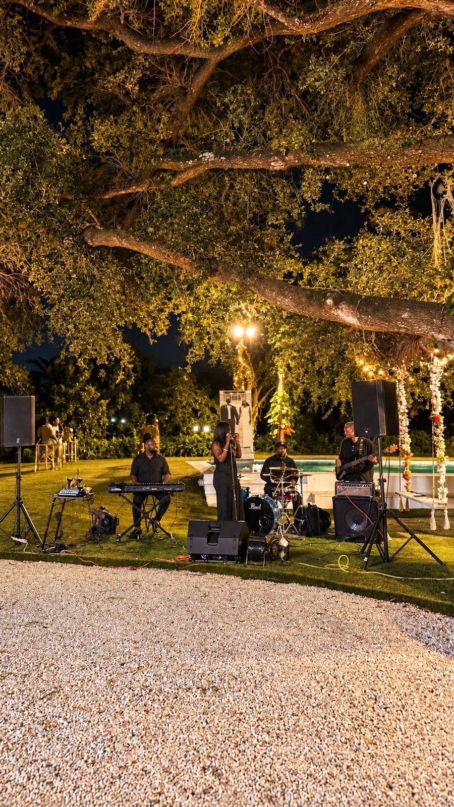 Tropical garden with warm evening lighting