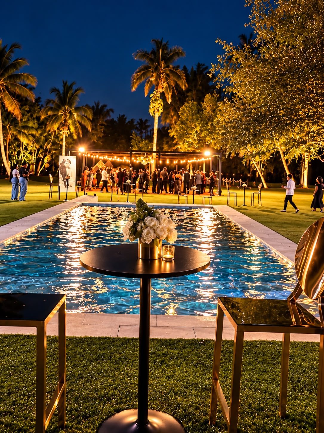 Swimming pool and tropical garden illuminated at night