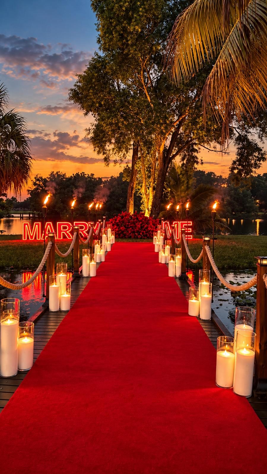 Marry Me proposal display on the garden bridge with fire features