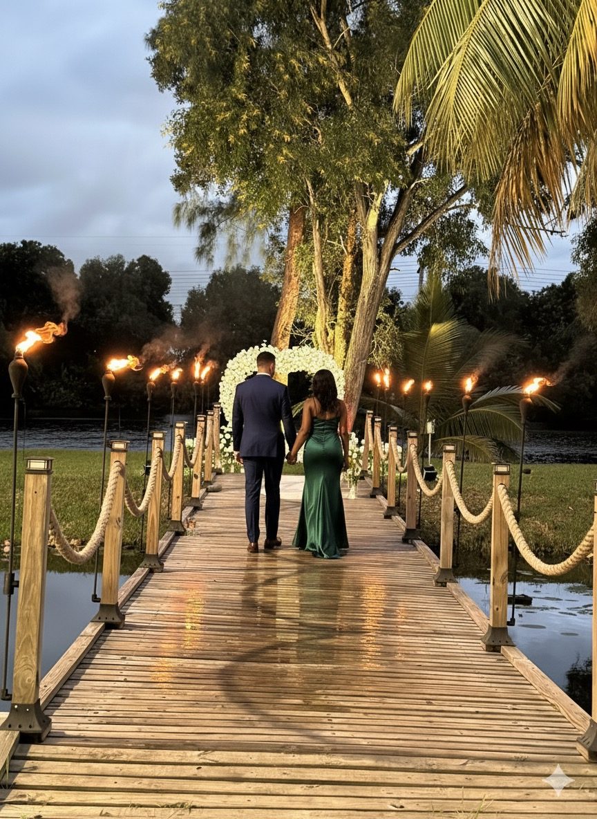 Couple on the garden bridge beside the fire features