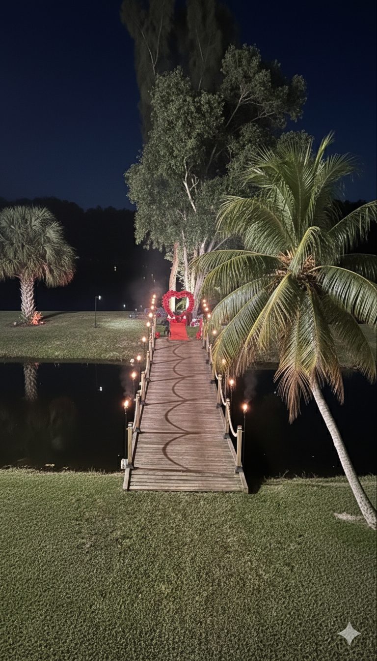 Garden bridge with flames and reflections on the water at night
