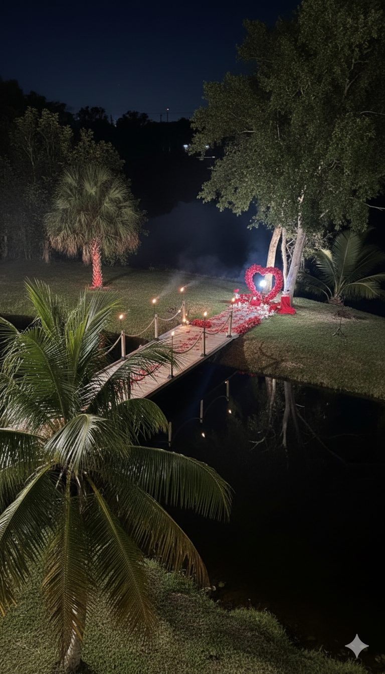 Fire features illuminating the bridge over the pool