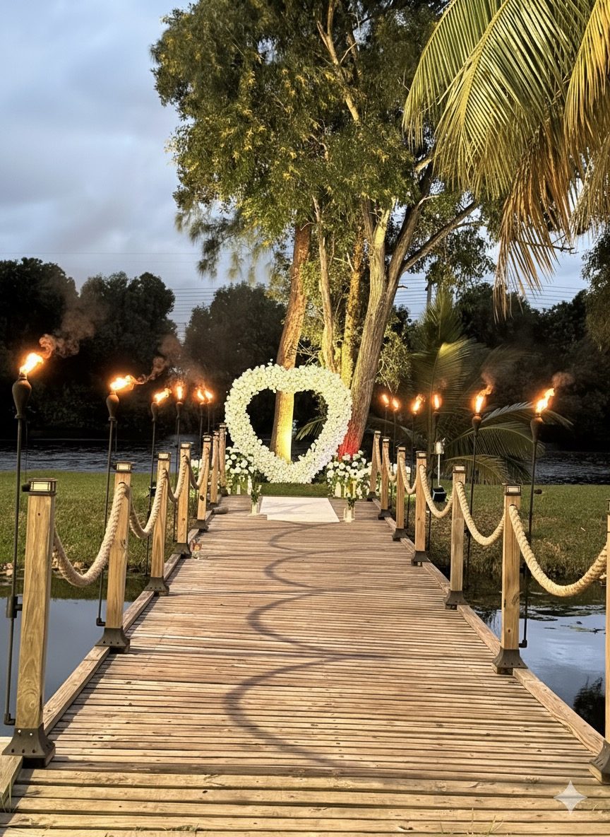 Garden bridge with fire features in daylight