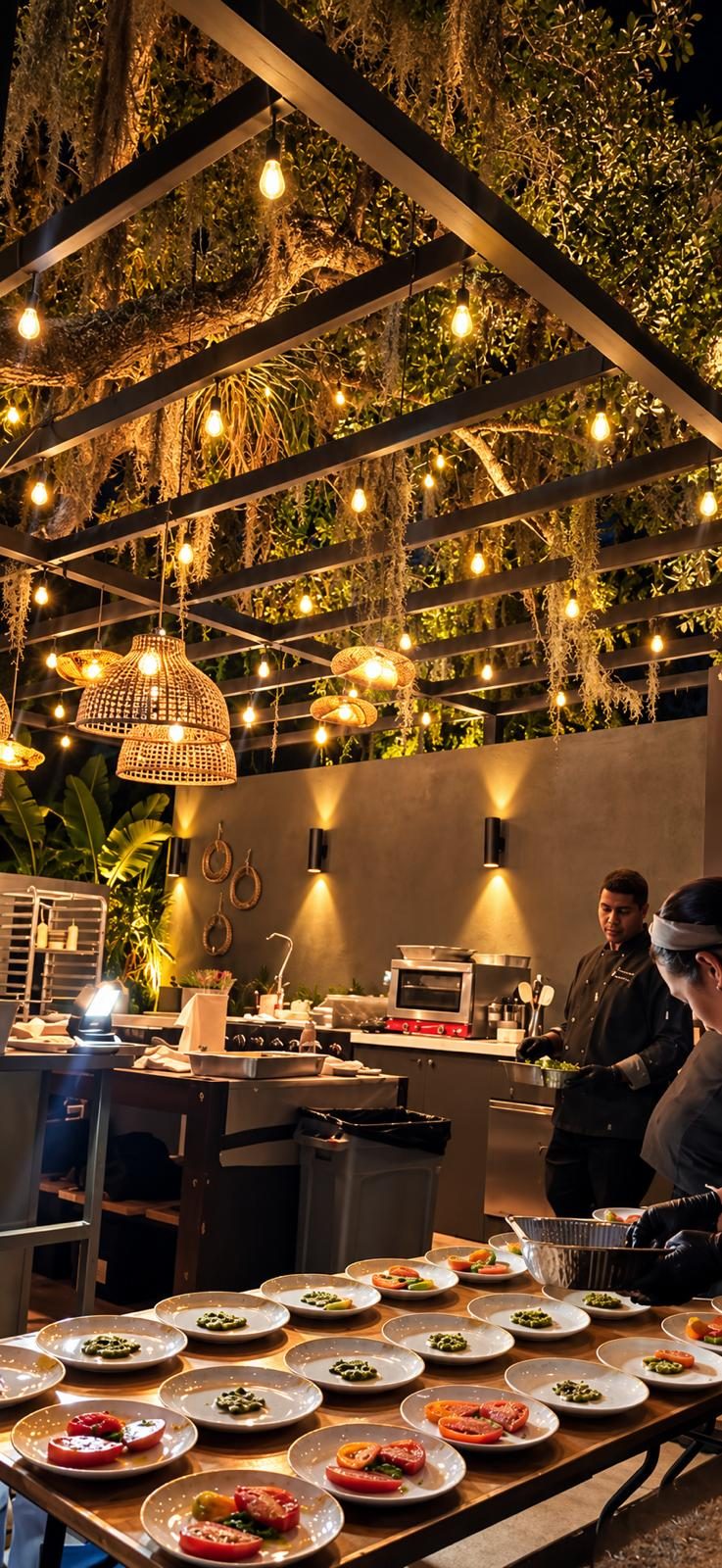 Our outdoor chef’s kitchen and barbecue area illuminated by warm lights
