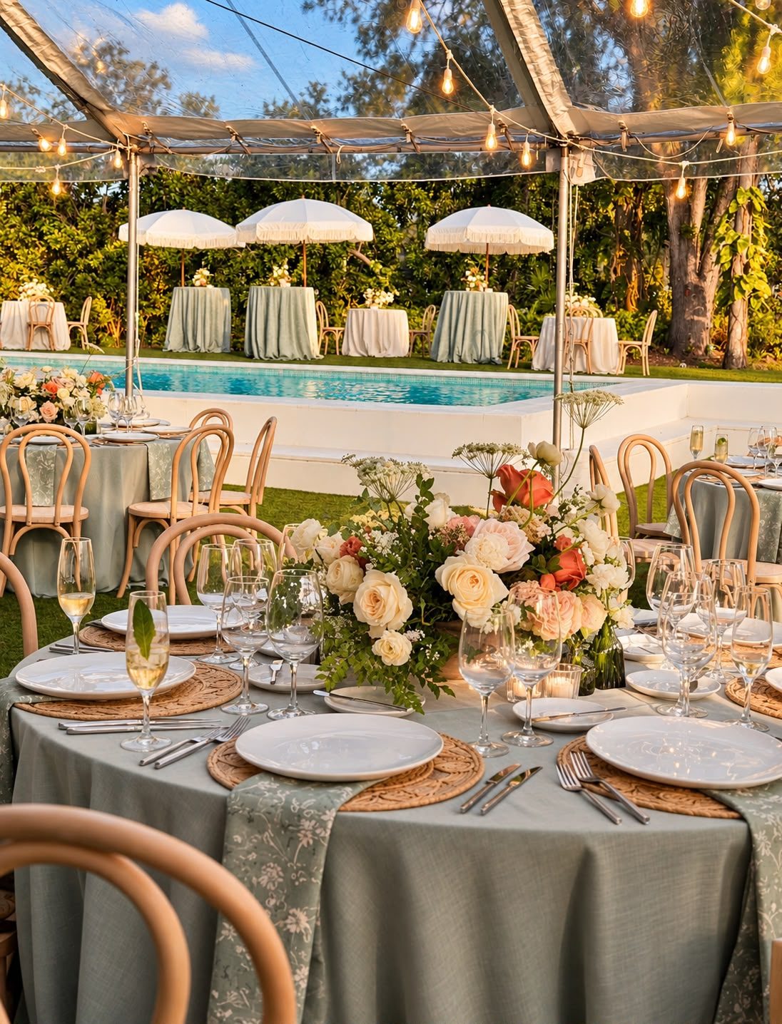 Outdoor reception tables beside the pool at CAL Events Cooper City