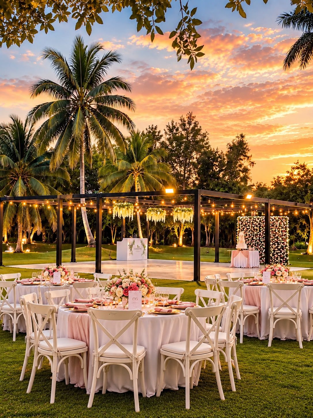 Garden wedding ceremony with a floral arch