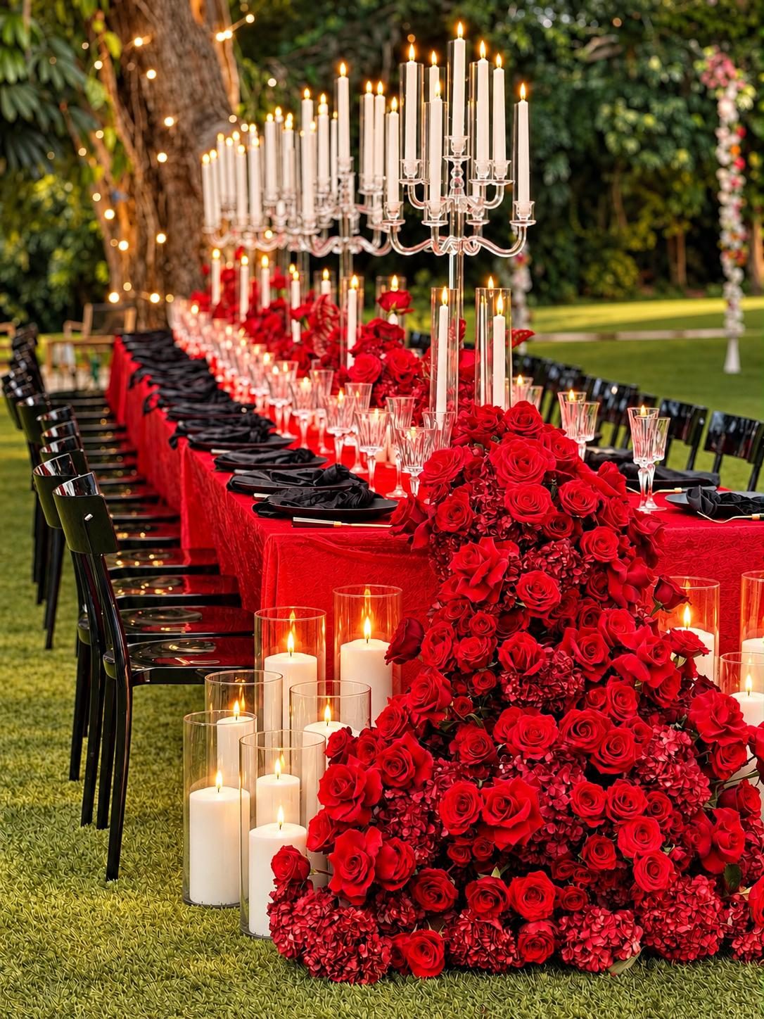 Outdoor event table decorated with red flowers
